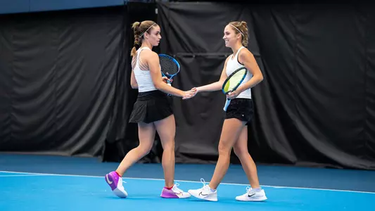 URBANA, IL - November 08, 2023 - Illinois’s Rosie Seccia and Illinois’s Kasia Treiber during the USTA/ITF 15K Tournament at Atkins Tennis Center in Urbana, IL. Photo By Kevin Snyder
