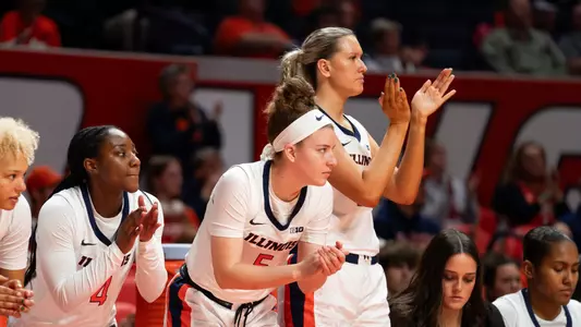CHAMPAIGN, IL - January 07, 2024 - Illinois Guard Kam'Ren Rhodes (#4) and Illinois Guard Gretchen Dolan (#5) during the game between the Wisconsin Badgers and the Illinois Fighting Illini at State Farm Center in Champaign, IL. Photo By Kevin Snyder
