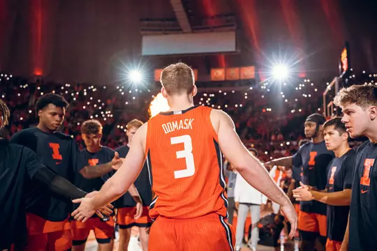 CHAMPAIGN, IL - November 14, 2023 - Illinois Guard/Forward Marcus Domask (#3) before the game between the Marquette Golden Eagles and the Illinois Fighting Illini at State Farm Center in Champaign, IL. Photo By Courtney Bay