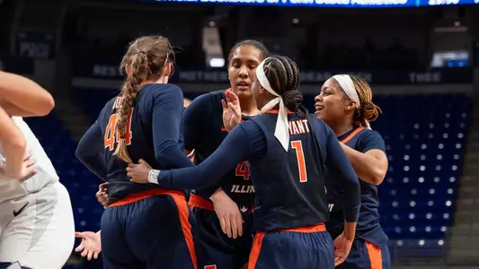 University Park, PA - February 15, 2024 - Illinois Forward Kendall Bostic (#44), Illinois Center Camille Hobby (#41), Illinois Guard Genesis Bryant (#1) and Illinois Guard Makira Cook (#3) during the game between the Penn State Nittany Lions and the Illinois Fighting Illini at Bryce Jordan Center in University Park, PA. Photo By Madison Dabrowski