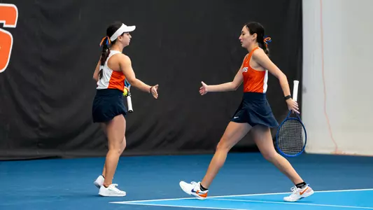 URBANA, IL - February 17, 2024 - Illinois’s Violeta Martinez and Illinois’s Kida Ferrari during the match between the Brown Bears and the Illinois Fighting Illini at Atkins Tennis Center in Urbana, IL. Photo By Kevin Snyder
