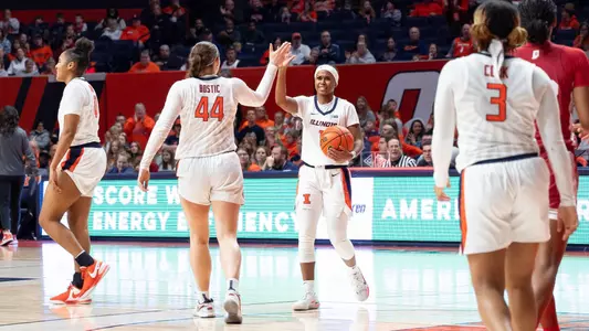 CHAMPAIGN, IL - February 19, 2024 - Illinois Forward Kendall Bostic (#44) and Illinois Guard Genesis Bryant (#1) during the game between the Indiana Hoosiers and the Illinois Fighting Illini at State Farm Center in Champaign, IL. Photo By Madison Dabrowski