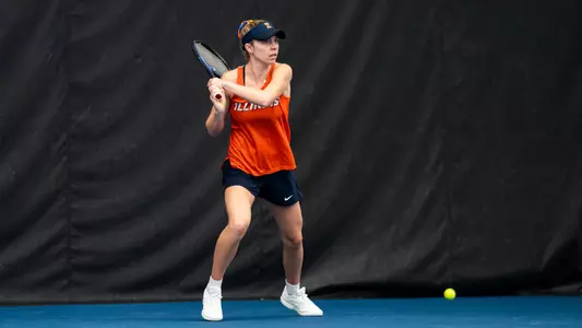 URBANA, IL - February 17, 2024 - Illinois’s Josie Frazier during the match between the Brown Bears and the Illinois Fighting Illini at Atkins Tennis Center in Urbana, IL. Photo By Kevin Snyder