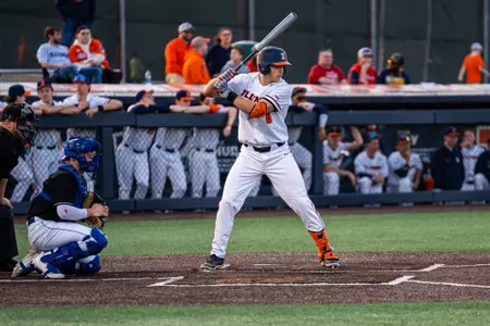 CHAMPAIGN, IL - February 27, 2024 - Illinois Catcher Jacob Schroeder (#8) during the game between the Eastern Illinois Panthers and the Illinois Fighting Illini at Illinois Field in Champaign, IL. Photo By Kevin Snyder