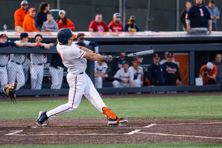 CHAMPAIGN, IL - February 27, 2024 - Illinois Catcher Jacob Schroeder (#8) during the game between the Eastern Illinois Panthers and the Illinois Fighting Illini at Illinois Field in Champaign, IL. Photo By Kevin Snyder