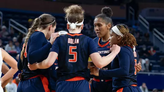 Ann Arbor, MI - January 31, 2024 - Illinois Forward Kendall Bostic (#44), Illinois Guard Gretchen Dolan (#5), Illinois Guard Makira Cook (#3), Illinois Center Camille Hobby (#41) during the game between the Michigan Wolverines and the Illinois Fighting Illini at Crisler Center in Ann Arbor, MI. Photo By Madison Dabrowski