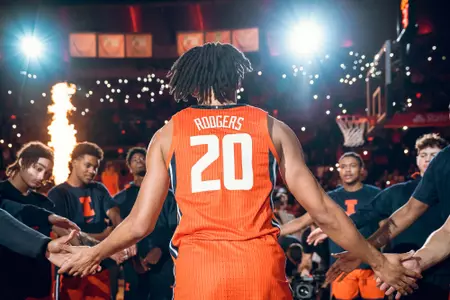 CHAMPAIGN, IL - January 11, 2024 - Illinois Guard/Forward Ty Rodgers (#20) before the game between the Michigan State Spartans and the Illinois Fighting Illini at State Farm Center in Champaign, IL. Photo By Courtney Bay