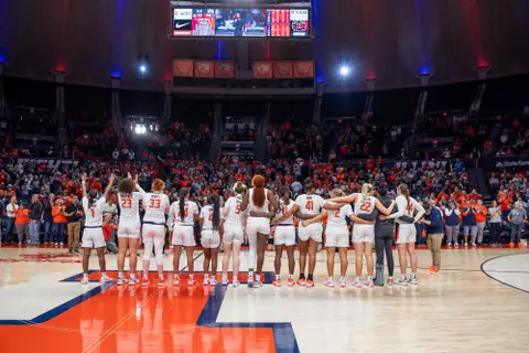 CHAMPAIGN, IL - March 03, 2024 - The Illinois Fighting Illini after the game between the Nebraska Cornhuskers and the Illinois Fighting Illini at State Farm Center in Champaign, IL. Photo By Kevin Snyder