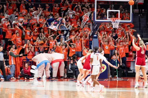 CHAMPAIGN, IL - March 03, 2024 - Illinois Orange Krush Student Section during the game between the Nebraska Cornhuskers and the Illinois Fighting Illini at State Farm Center in Champaign, IL. Photo By Madison Dabrowski