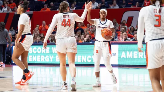 CHAMPAIGN, IL - February 19, 2024 - Illinois Forward Kendall Bostic (#44) and Illinois Guard Genesis Bryant (#1) during the game between the Indiana Hoosiers and the Illinois Fighting Illini at State Farm Center in Champaign, IL. Photo By Madison Dabrowski