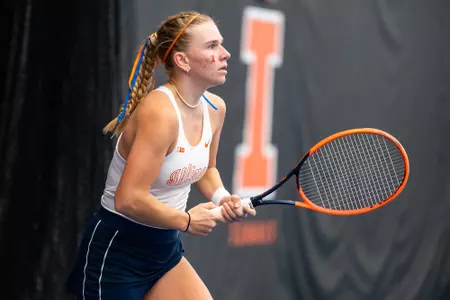 URBANA, IL - March 01, 2024 - Illinois’s Megan Heuser during the match between the Washington Huskies and the Illinois Fighting Illini at Atkins Tennis Center in Urbana, IL. Photo By Kevin Snyder