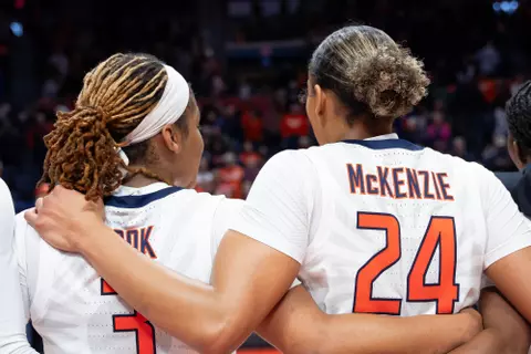 CHAMPAIGN, IL - January 28, 2024 - Illinois Guard Makira Cook (#3) and Illinois Guard Adalia McKenzie (#24) after the game between the Minnesota Golden Gophers and the Illinois Fighting Illini at State Farm Center in Champaign, IL. Photo By Madison Dabrowski