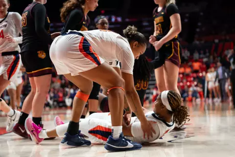 CHAMPAIGN, IL - January 28, 2024 - Illinois Guard Adalia McKenzie (#24) and Illinois Guard Makira Cook (#3) during the game between the Minnesota Golden Gophers and the Illinois Fighting Illini at State Farm Center in Champaign, IL. Photo By Kevin Snyder