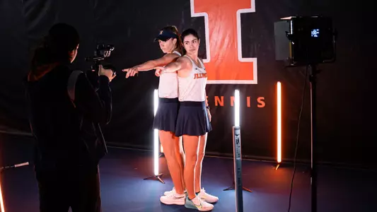URBANA, IL - January 09, 2024 - Illinois’s Josie Frazier and Illinois’s Kate Duong during the 2024 Video Shoot at Atkins Tennis Center in Champaign, IL. Photo By Kevin Snyder