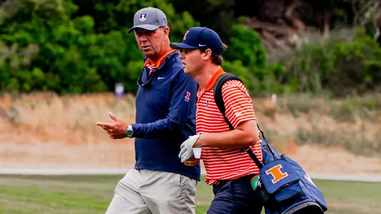 Head coach Mike Small with freshman Max Herendeen at the 2024 NCAA Championship (Leigh McGuirk)