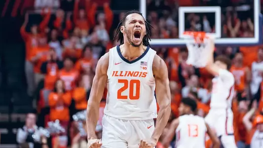 CHAMPAIGN, IL - January 21, 2024 - Illinois Guard/Forward Ty Rodgers (#20) during the game between the Rutgers Scarlet Knights and the Illinois Fighting Illini at State Farm Center in Champaign, IL. Photo By Leigh McGuirk