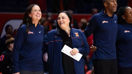 CHAMPAIGN, IL - October 30, 2023 - Illinois Head Coach Shauna Green and Illinois Associate Head Coach Calamity McEntire after the game between the Truman State Bulldogs and the Illinois Fighting Illini at State Farm Center in Champaign, IL. Photo By Kevin Snyder