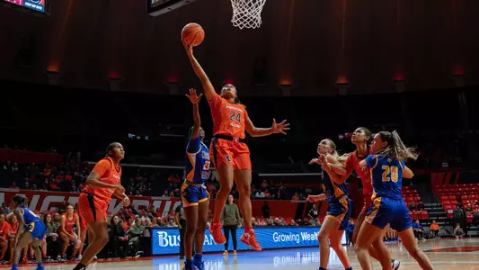 CHAMPAIGN, IL - November 07, 2023 - Illinois Guard Adalia McKenzie (#24) during the game between the Morehead State Eagles and the Illinois Fighting Illini at State Farm Center in Champaign, IL. Photo By Madison Dabrowski