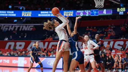 CHAMPAIGN, IL - November 15, 2023 - Illinois Forward Brynn Shoup-Hill (#23) during the game between the Saint Peters Peacocks and the Illinois Fighting Illini at State Farm Center in Champaign, IL. Photo By Madison Dabrowski