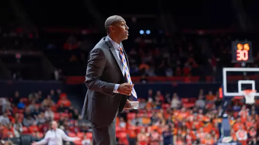 CHAMPAIGN, IL - January 28, 2024 - Illinois Assistant Coach DeAntoine Beasley during the game between the Minnesota Golden Gophers and the Illinois Fighting Illini at State Farm Center in Champaign, IL. Photo By Madison Dabrowski
