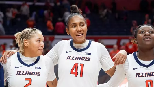 CHAMPAIGN, IL - February 19, 2024 - Illinois Guard Cori Allen (#2) and Illinois Center Camille Hobby (#41) after the game between the Indiana Hoosiers and the Illinois Fighting Illini at State Farm Center in Champaign, IL. Photo By Madison Dabrowski