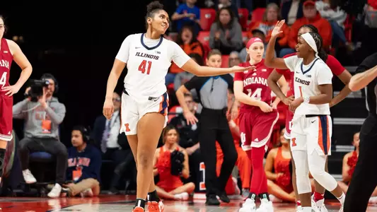 CHAMPAIGN, IL - February 19, 2024 - Illinois Center Camille Hobby (#41) and Illinois Guard Genesis Bryant (#1) during the game between the Indiana Hoosiers and the Illinois Fighting Illini at State Farm Center in Champaign, IL. Photo By Kevin Snyder
