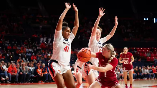 CHAMPAIGN, IL - February 19, 2024 - Illinois Center Camille Hobby (#41) and Illinois Guard Gretchen Dolan (#5) during the game between the Indiana Hoosiers and the Illinois Fighting Illini at State Farm Center in Champaign, IL. Photo By Kevin Snyder