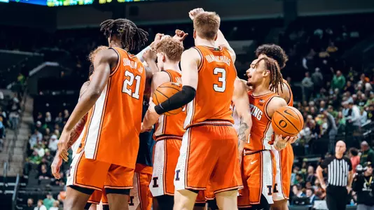Image Taken At Illinois Fighting Illini vs. Oregon Ducks Men’s Basketball Game, Matthew Knight Arena, University of Oregon, Eugene, OR, Thursday, January 2, 2024. Courtney Bay/Illinois Athletics