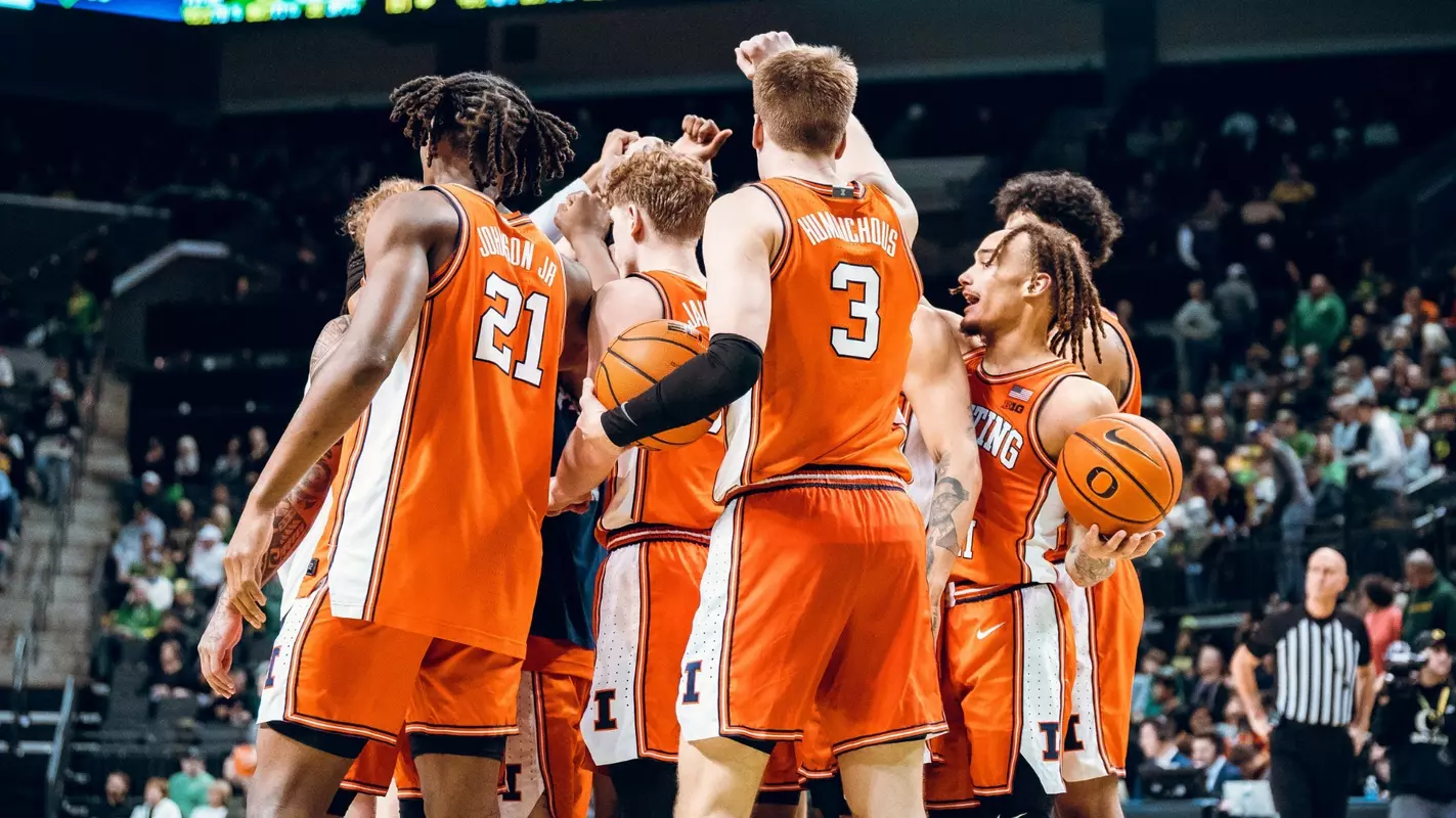 Image Taken At Illinois Fighting Illini vs. Oregon Ducks Men’s Basketball Game, Matthew Knight Arena, University of Oregon, Eugene, OR, Thursday, January 2, 2024. Courtney Bay/Illinois Athletics