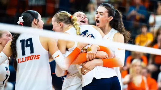 CHAMPAIGN, IL - September 20, 2025 - Photos taken during the match between the Iowa State Cyclones and the Illinois Fighting Illini at Huff Hall in Champaign, IL. Photo By Lucas Sun/Fighting Illini
Opposite Hitter Auburn Tomkinson (#1), Outside Hitter Alyssa Aguayo (#19), Middle Blocker Ashlyn Philpot (#16), Outside Hitter/Opposite Hitter Averie Hernandez (#8)