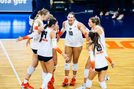 CHAMPAIGN, IL - September 20, 2025 - Photos taken during the match between the Iowa State Cyclones and the Illinois Fighting Illini at Huff Hall in Champaign, IL. Photo By Lucas Sun/Fighting Illini
Setter Sophi Randall (#10), Outside Hitter Alyssa Aguayo (#19), Libero/Defensive Specialist Lara Žigic (#23), Outside Hitter/Opposite Hitter Averie Hernandez (#8)