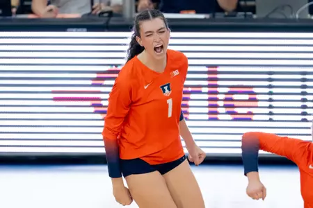 CHAMPAIGN, IL - September 21, 2025 - Opposite Hitter Auburn Tomkinson (#1) during the match between the Eastern Illinois Panthers and the Illinois Fighting Illini at Huff Hall in Champaign, IL. Photo By Ashley Ray/Fighting Illini