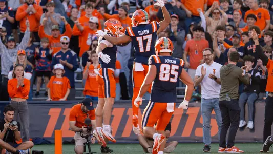 CHAMPAIGN, IL - November 15, 2025 - Wide Receiver Hudson Clement (#13), Wide Receiver Collin Dixon (#17) during the game between the Maryland Terrapins and the Illinois Fighting Illini at Gies Memorial Stadium in Champaign, IL. Photo By Ashley Ray/Fighting Illini