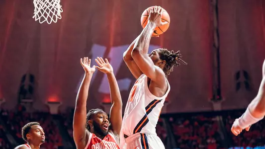 Image Taken At Illinois Fighting Illini vs. Ohio State Buckeyes Men’s Basketball Game, State Farm Center, University of Illinois, Champaign, IL, Sunday, February 2, 2024. Courtney Bay/Illinois Athletics