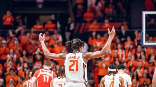 Image Taken At Illinois Fighting Illini vs. Ohio State Buckeyes Men’s Basketball Game, State Farm Center, University of Illinois, Champaign, IL, Sunday, February 2, 2024. Courtney Bay/Illinois Athletics