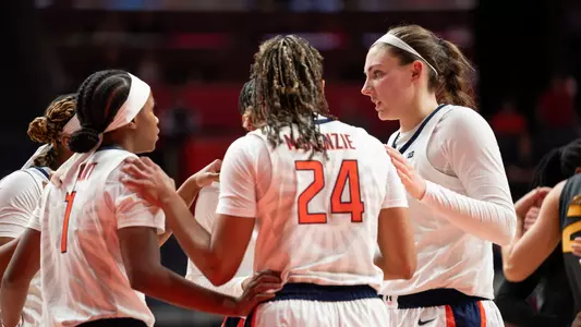 CHAMPAIGN, IL - December 17, 2023 - Illinois Guard Genesis Bryant (#1), Illinois Guard Adalia McKenzie (#24) and Illinois Forward Kendall Bostic (#44) during the Braggin’ Rights game between the Missouri Tigers and the Illinois Fighting Illini at State Farm Center in Champaign, IL. Photo By Kevin Snyder