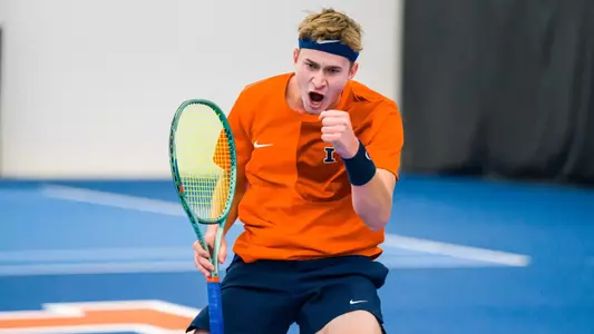 CHAMPAIGN, IL - January 16, 2026 - Adam Jilly during the match between the Mississippi State Bulldogs and the Illinois Fighting Illini at Atkins Tennis Center in Champaign, IL. Photo By Lucas Sun