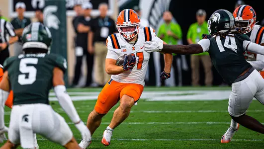 Running Back Murphy Clement (#31) during the game between the Michigan State Spartans and the Illinois Fighting Illini at Spartan Stadium in East Lansing, MI on October 10, 2026. Photo By Aaron Quinn