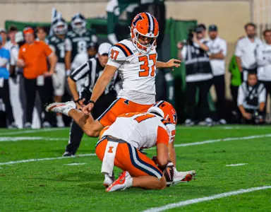 Kicker Ethan Moczulski (#37), Punter Lars Rau (#81) during the game between the Michigan State Spartans and the Illinois Fighting Illini at Spartan Stadium in East Lansing, MI on October 10, 2026. Photo By Aaron Quinn