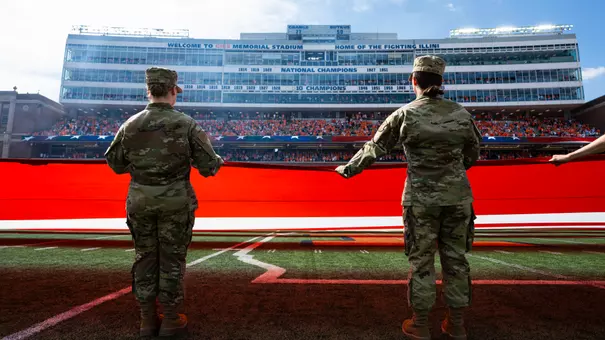 Gies Memorial Stadium national anthem flag with military