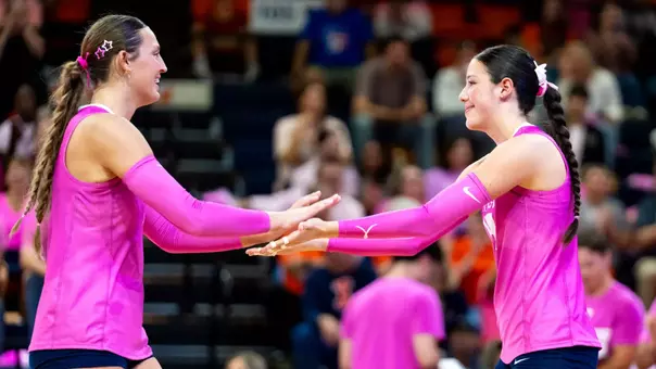 Paityn Chapman (#4), Alyssa Aguayo (#19) during the match between the Michigan State Spartans and the Illinois Fighting Illini at Huff Hall in Champaign, IL on October 15, 2026. Photo By Ashley Ray/Fighting Illini