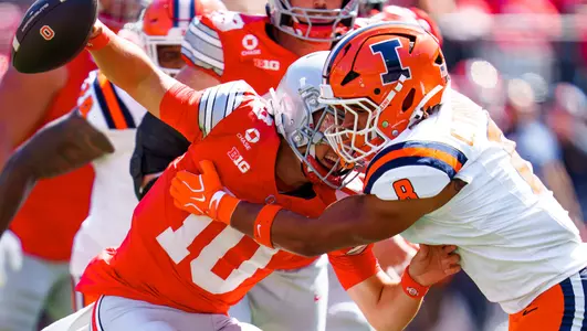 Linebacker Cameron Thomas (#8) during the game between the Ohio State Buckeyes and the Illinois Fighting Illini at Ohio Stadium in Columbus, OH on September 26, 2026. Photo By Ashley Ray/Fighting Illini