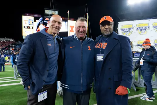NASHVILLE, TN - December 30, 2025 - Athletic Director Josh Whitman, Illinois Football Head Coach Bret Bielema, Chancellor Charles Isbell after the Liberty Mutual Music City Bowl between the Tennessee Volunteers and the Illinois Fighting Illini at Nissan Stadium in Nashville, TN. Photo By Ashley Ray/Fighting Illini