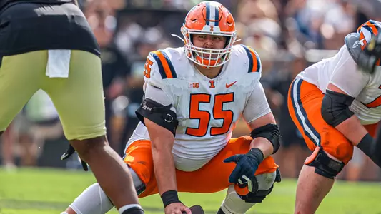 WEST LAFAYETTE, IN - October 4, 2025 - Offensive Lineman TJ McMillen (#55) during the game between the Purdue Boilermakers and the Illinois Fighting Illini at Ross–Ade Stadium in West Lafayette, Ind. Photo by Aaron Quinn/Fighting Illini