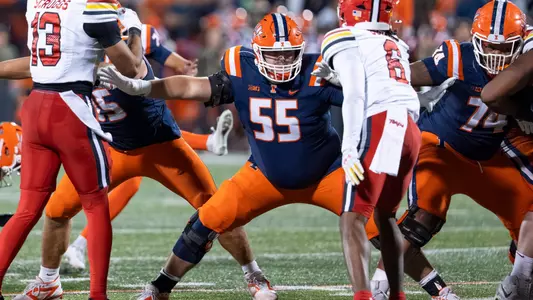 CHAMPAIGN, IL - November 15, 2025 - Offensive Lineman TJ McMillen (#55) during the game between the Maryland Terrapins and the Illinois Fighting Illini at Gies Memorial Stadium in Champaign, IL. Photo By Ashley Ray/Fighting Illini