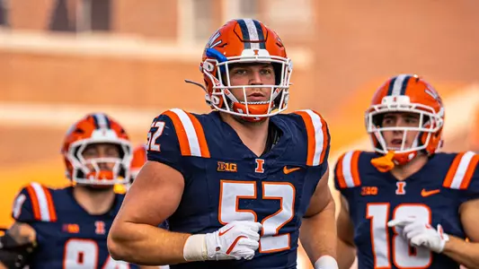 CHAMPAIGN, IL - November 15, 2025 - Defensive Lineman Pat Farrell (#52) during the game between the Maryland Terrapins and the Illinois Fighting Illini at Gies Memorial Stadium in Champaign, IL. Photo By Aaron Quinn/Fighting Illini