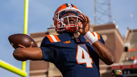 CHAMPAIGN, IL - November 15, 2025 - Quarterback Carson Boyd (#4) during the game between the Maryland Terrapins and the Illinois Fighting Illini at Gies Memorial Stadium in Champaign, IL. Photo By Aaron Quinn/Fighting Illini