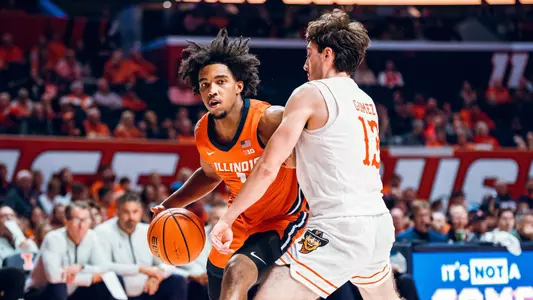 Image Taken At Illinois Fighting Illini vs. UT Rio Grande Valley Vaqueros Men’s Basketball Game, State Farm Center, University of Illinois, Champaign, IL, Monday, November 24, 2025. Courtney Bay/Illinois Athletics