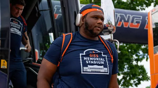 CHAMPAIGN, IL - September 13, 2025 - Offensive Lineman Dezmond Schuster (#63) before the game between the Western Michigan Broncos and the Illinois Fighting Illini at Memorial Stadium in Champaign, IL. Photo By Quinten Truitt/Fighting Illini