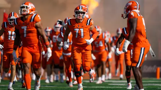 CHAMPAIGN, IL - October 11, 2025 - Offensive Lineman Nathan Knapik (#71) during the game between the Ohio State Buckeyes and the Illinois Fighting Illini at Memorial Stadium in Champaign, IL. Photo By Quinten A. Truitt